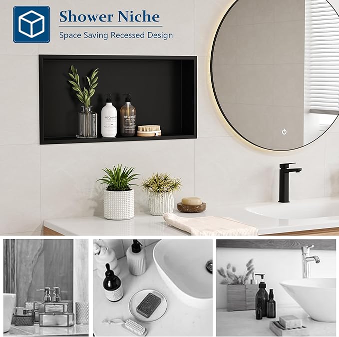 Neodrain Shower Niche, Insert Bathroom Storage Shower Shelf, Stainless Steel Recessed Wall Niche No Tiled Recessed Cabinet Waterproof for Shower Storage(Matte Black,24"x12")