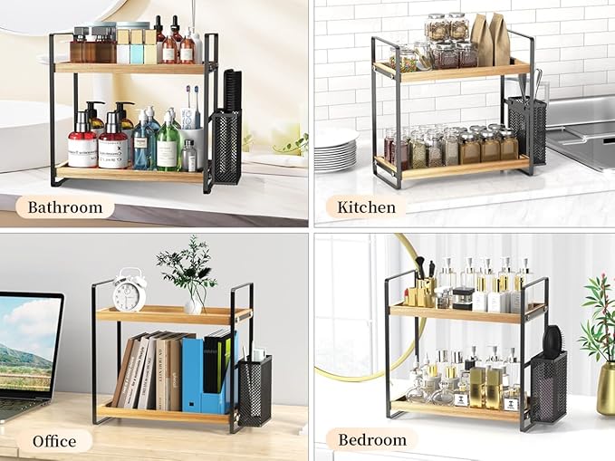 LEMIKKLE 2-Tier Wood Bathroom Counter Organizer with Basket,Waterproof Vanity Skincare Storage for Bathroom, Kitchen, Dresser