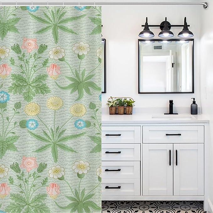 William Morris Floral Shower Curtain,Mid Century Vintage Flower Green Plant Abstract Pattern Print Shower Curtains Sets Polyester Waterproof Fabric Decor Bathroom Curtain 66"×72" Inch With 12 Hooks