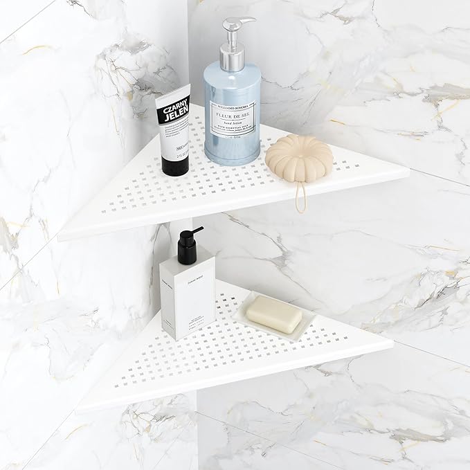 Qeke 2 Pack Bathroom Corner Shelf, Recessed 12" Corner Shower Shelf, SUS304 Stainless Steel Triangular Wall Mount, No Drilling, Matte White