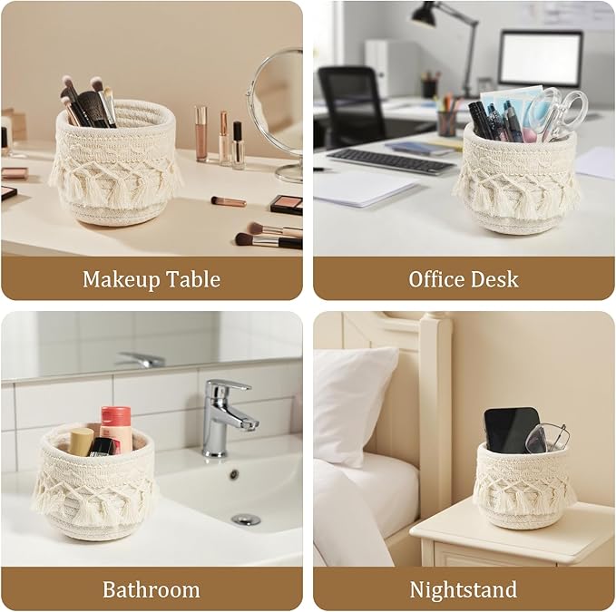 HEAVYWOOD Macrame Makeup Brush Holder Organizer 4.7''x3.9'' Mini Makeup Containers Boho Small Round Storage Basket Tassels Fringe Decorative Pencil Holder Set of 2 (4.7''x3.9'', Cream)