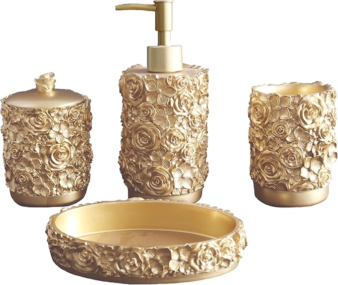 Hymmah Gold Bathroom Accessories Set,Rose Design Bathroom Set,Farmhouse Bathroom Decor,4 Pcs Resin Gift Set Apartment Necessities, Contain Cotton Swab Jar,Soap Dispenser,Soap Dish,Tumbler White