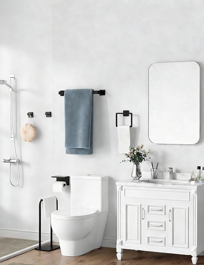 5-Pieces Matte Black Bathroom Accessories Set, Bathroom Hardware Set, SUS 304 Stainless Steel,16 Inch Towel Bar, Towel Holder, Updated Toilet Paper Holder Wall Mounted
