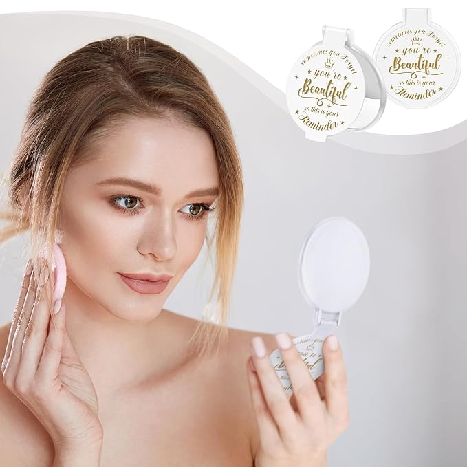 18 Pcs 2.76 Inch Inspirational Compact Mirror Bulk Women Small Gifts Graduation Party Favors Purse Mirror Pocket Mini Stuffer Items for Adult Coworker Cheerleader Employee (White)