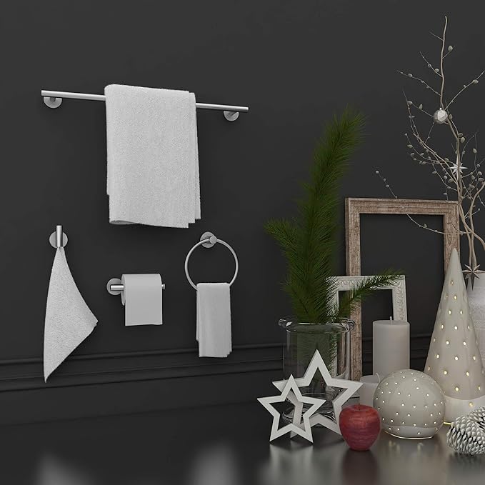 Marmolux ACC Bathroom Hardware Set - 4 Pieces Wall Mount Accessories - Towel Hooks, Hand Towel Holder, Towel Ring, Toilet Paper Holder - Made of SUS 304 Stainless Steel with Brushed Finish
