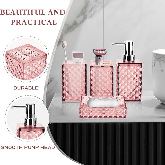 Bathroom Accessory Set, Grid Pattern 4 Pcs Plastic Bathroom Set Include Soap Dispenser, Soap Dish, Toothbrush Holder, Mousewash Cup, Modern Bahtroom D??cor Set(Pink)