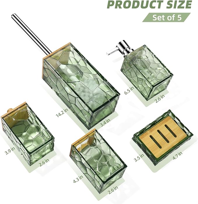 GAHEFY Sage Green Bathroom Accessories Set, Toothbrush Holder, Soap Dispenser, Cotton Swabs Holder, Soap Dish, Toilet Brush with Holder, Boho Bamboo Bathroom Decor,Acrylic (Green)