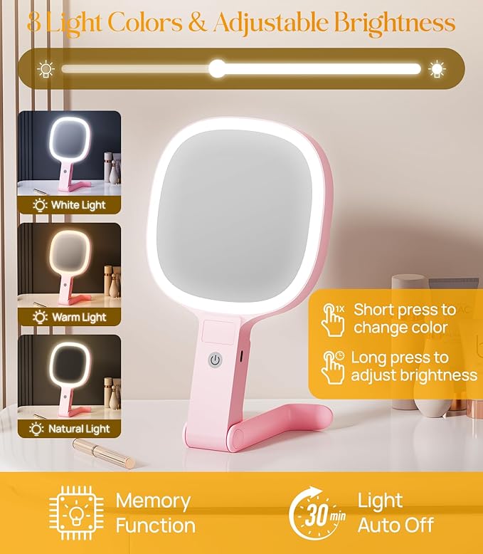 Gospire 6.8" Travel Vanity Mirror, 3-in-1 Hanging/Handheld/Desktop Use with Dual-Side Buttons, 1X/10X Magnification, 3-Color Dimmable LED, Auto Memory + Velvet Pouch (Pink)
