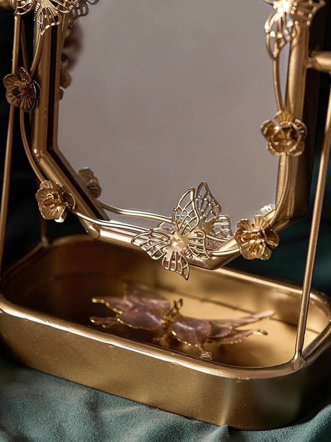 HSDDHOME Vintage Gold Tabletop Makeup Mirror, Bird & Butterfly Decorative Vanity Mirror, 12.8” x 8.2” Retro Metal Standing Mirror for Dresser, Bedroom, and Bathroom