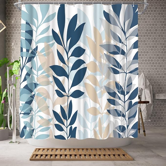 WELMECO Blue Shower Curtain Botanical Shower Curtain Blue Bathroom Decor Polyester Fabric, 72x72inch