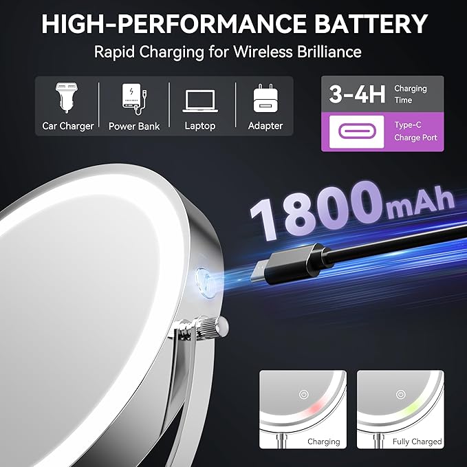 Auxmir 8" Lighted Makeup Mirror Rechargeable 1X/10X Magnifying Mirror with 3 Dimmable Colors Light, Double Sided Vanity Mirror with Stand, 360° Rotation Touch Screen Tabletop, Chrome