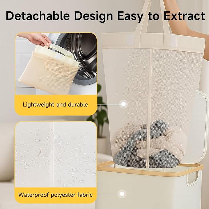 100L Foldable Laundry Basket with Lid, Dirty Clothes Hamper for Dormitories and Gyms | Laundry Hamper with Removable Bag, Beige