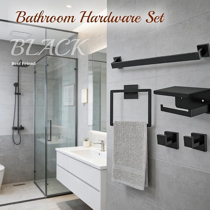 5Pcs Matte Bathroom Hardware Towel Bar Accessories Set 16 Inch Stainless Steel Bath Towel Racks with Toilet Paper Holder Shelf, for Bathroom Wall Mounted (Black)