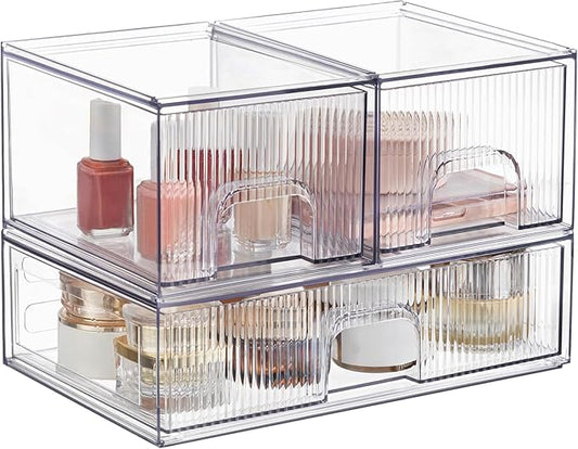 Clear Stackable Desk Storage Drawers, 3 Pack Acrylic Bathroom Makeup Organizers, Easily Assemble All Purpose Plastic Bins for Brightroom, Pantry Organization, Vanity, Undersink, Cabinet