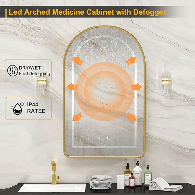 Lighted Arched Medicine Cabinet with LED Mirror - 20x31 Inch Recessed Bathroom Storage, Gold Arched Wall Mounted Mirror Cabinet, Arch Medicine Cabinet with Lights,Anti-Fog
