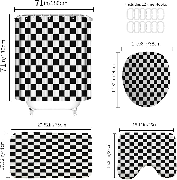 4 PCS Checkered Shower Curtain Sets Fun Gingham Bathroom Sets Soft Non Slip Bath Rugs Toilet Cover U-Shaped Mat Retro Bright Waterproof Shower Curtains with 12 Hooks for Tub Toilet, Black