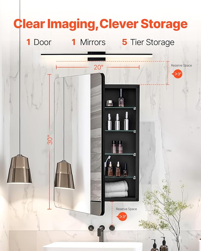 VEVOR Medicine Cabinet, 20 x 30 inch, Medicine Cabinet for Bathroom with Mirror, Aluminum Frame Bathroom Wall Cabinet, 4-Layer Adjustable Shelves, Recessed & Wall-Mounted Installation