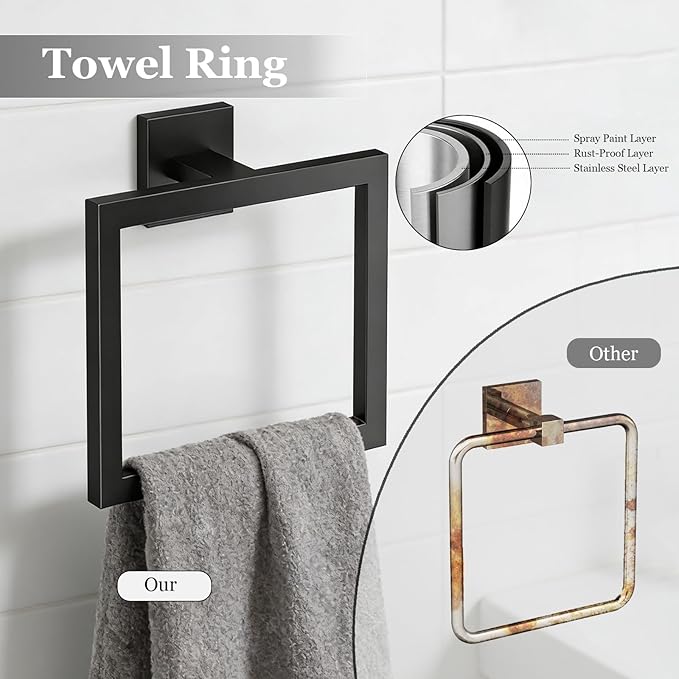 5-Pieces Wall Mount Bathroom Accessories Bathroom Hardware Set,23.6 Inch Stainless Steel Waterproof Towel Bars,Toilet Paper Holder with Shelf,Towel Ring,Coat Hook,Matte Black 5PC - Rectangle