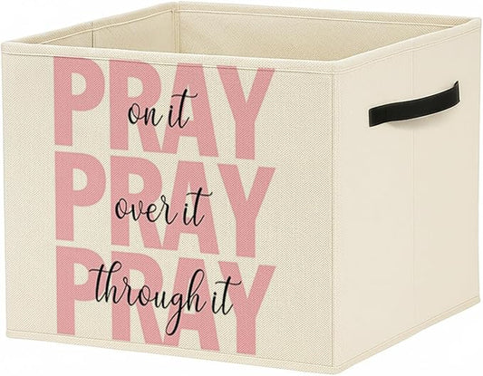 Pink Christian Storage Bin Box with Handles, Pray on It Pray over It Bible Verse Religious Foldable Baskets Organizer for Bedroom Bathroom Home Clothes Toys Books, Toybox for Girls
