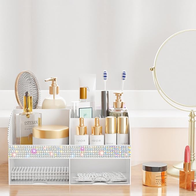 Makeup Organizer, Bathroom Organizer (Bling White)