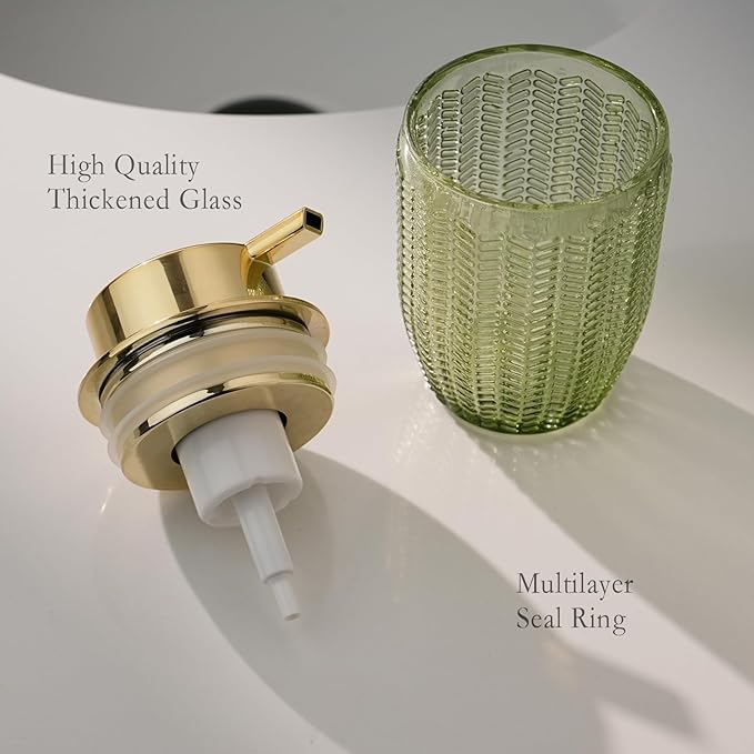 CICUFY Foaming Hand Soap & Lotion Dispenser, Refillable Glass with Large Gold Pump(Barrel Pattern-Green)