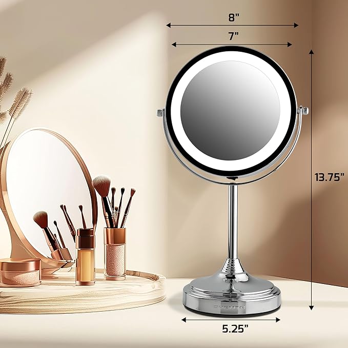 OVENTE 7'' Lighted Makeup Mirror with 1X/7X Magnification, Cordless Tabletop Mount Vanity Mirror with 360° Swivel Design & Double Sided Glow Cosmetic White LED Ring Light, Polished Chrome MCT70CH1X7X