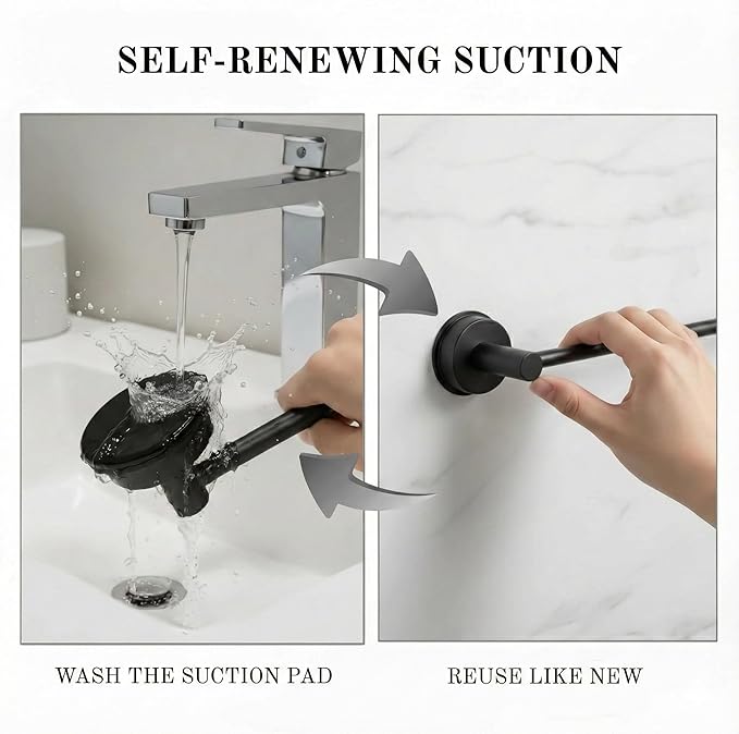 Suction Cup Towel Bar 17-28 Inch Adjustable Retractable Stainless Steel Towel Rack for Bathroom, RV & Renters - No Drill Heavy Duty Wall Mounted Holder, Removable for Glass & Tile (1, Black)