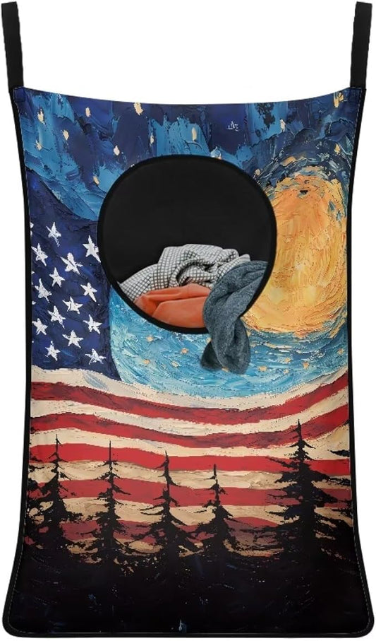ZOUTAIRONG American Flag Hanging Hamper Over The Door Laundry Bags Zipper Large Capacity Storage Organizers Laundry Baskets for Closet, Bedroom, Dorm, Moon Print