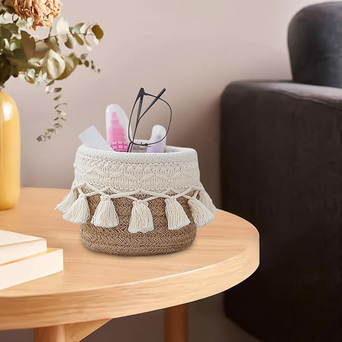 MSUIINT Macrame Makeup Brush Holder Organizer, Brushes Mini Storage Basket, Hand Woven Cotton Rope Basket, Boho Decor Baskets for Comb Cosmetics Pen Pencil Container (B)