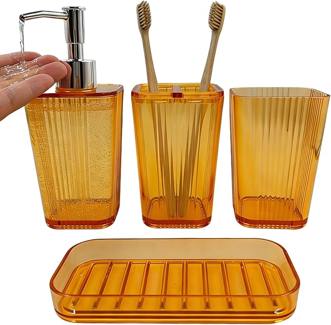 4 Pcs Bathroom Accessory Set Plastic Bathroom Organizer Kit with 13.5oz Soap Dispenser Toothbrush Holder Tumbler Vanity Tray Complete Countertop Bathroom Decor Set(Orange)