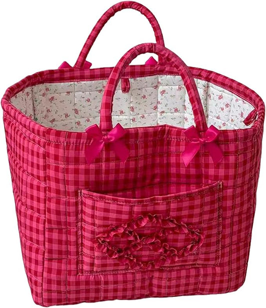 Quilted Fabric Basket Car Storage Basket Boho Floral Laundry Hamper for Nursery Bedroom & Living Room | Organize Clothes Toys (Hot Pink Gingham Check)
