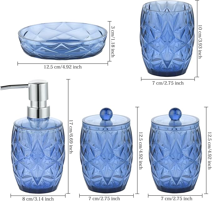 Modern Shatterproof Acrylic Cobalt Blue Bathroom Accessories Set – 5-Piece Glass-Free Vanity Set with Soap Dispenser, Toothbrush/Makeup Brush Holder, 2 Cotton Jars with Lids, and Soap Dish