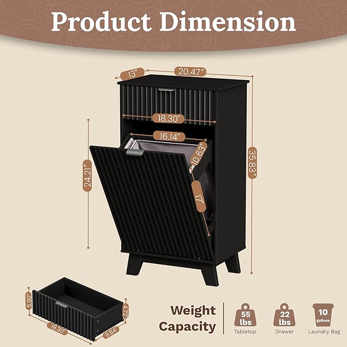 Double Tilt Out Laundry Hamper Cabinet, 20 Gallon Wooden Trash Can Cabinet with Storage Drawers, Hidden Fluted Garbage Can Holder for Kitchen, Living Room (Black, 20.47" W x 35.83" H x 13" D)