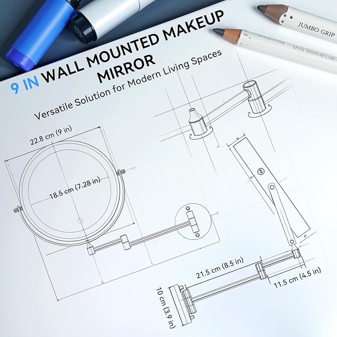 9'' 30X/1X Wall Mounted Lighted Makeup Mirror, 5000mAh Rechargeable Double-Sided Magnifying Mirror with Light, Bathroom Mirror Touch Dimmable 3 Colors 360° Rotation Extended Arm, Power Adapter