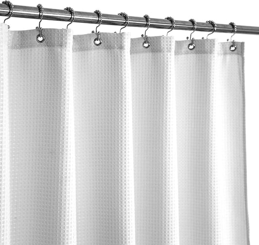 Wide Fabric Shower Curtain Waffle Weave 96 Width by 72 Height inches, Hotel Luxury Spa, 230 GSM Heavyweight, Water Repellent, Machine Washable, White Pique Pattern Bathroom Curtain, 96x72