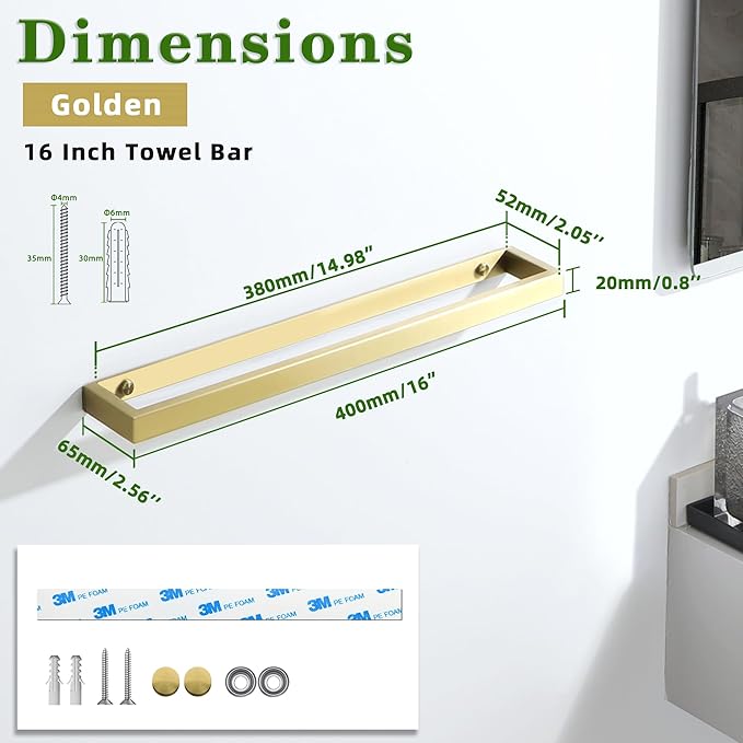 Alise 16 Inch Towel Bar,Towel Holder for Bathroom,Towel Racks for Lavatory,SUS304 Stainless Steel Hand Towel Hanger,Wall Mount Towel Rail,Brushed Gold
