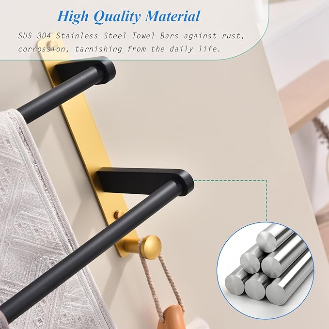 Double Towel Rack with Hooks, 24 Inch Stainless Steel Towel Bar - Wall Mounted Towel Holder for Bathroom, Black & Gold