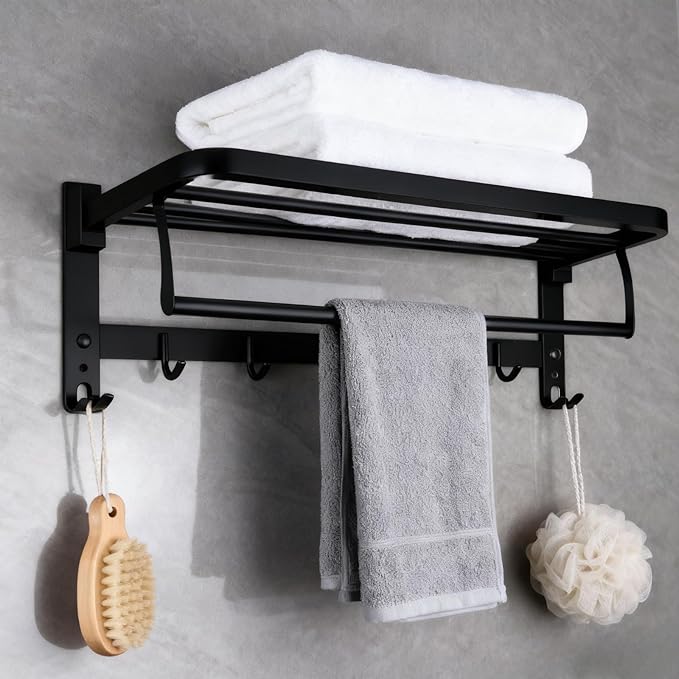 24" Double Towel Rack with 7 Hooks, SUS304 Stainless Steel Towel Bar Towel Rack with Shelf, 90° Foldable Towel Holder, for Bathroom Wall Mounted. (Matte Black)