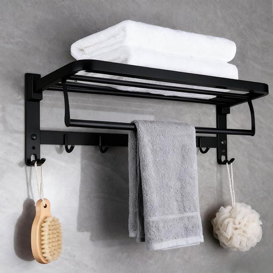 24" Double Towel Rack with 7 Hooks, SUS304 Stainless Steel Towel Bar Towel Rack with Shelf, 90° Foldable Towel Holder, for Bathroom Wall Mounted. (Matte Black)
