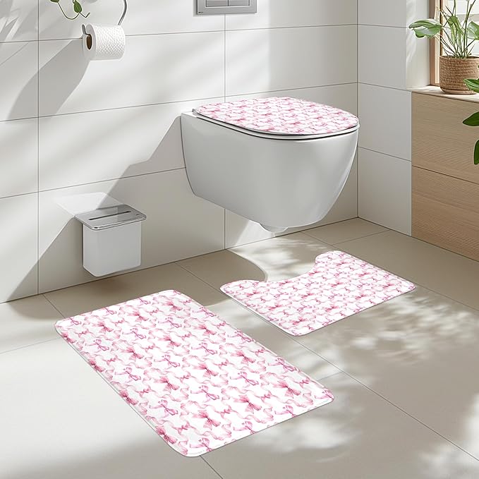 Cinbloo 4Pcs Pink Bow Shower Curtain Set, Retro Coquette Preppy Modern Fashion Pretty Sweet Girly Bathroom Curtain with Rug, Toilet Lid Cover, Bath Mat, Aesthetic Shower Curtain with 12 Hooks