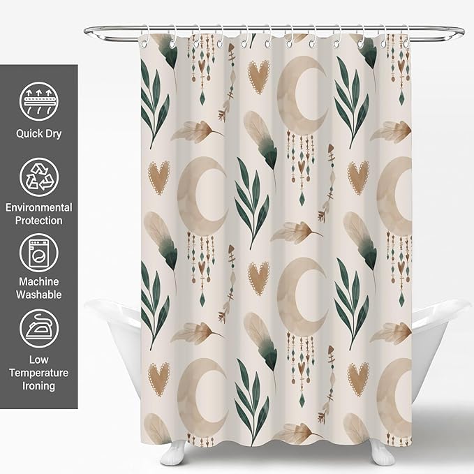 Bohemian Shower Curtains 72x72 Inch,Aesthetic Modern Boho Bathroom Curtain with Leaves and Moon, Neutral Waterproof Polyester Fabric Bath Curtain for Home Bathroom Decor