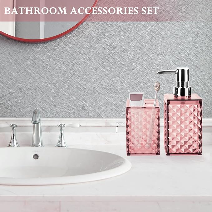 Bathroom Accessories Set 2 PCS, Pink Bathroom Accessories Include Soap Dispenser and Toothbrush Holder, Diamond Pattern Bathroom Set for Boho Bathroom Decor