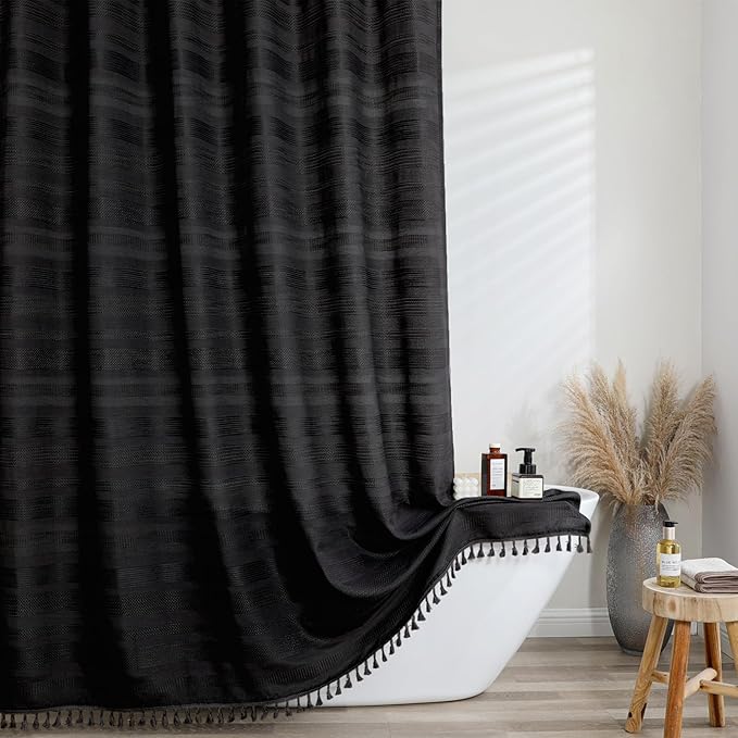 OVZME Black Stripe Shower Curtain for Bathroom, Boho Linen Textured Shower Curtain with Tassel, Minimalist Modern Heavy Duty Vintage Country Bathroom Curtain, 72Wx72L Inches