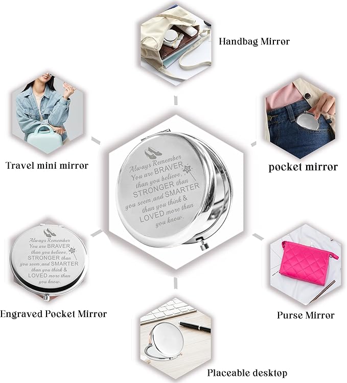BAUNA Always Remember You are Braver Than You Believe Inspirational Pocket Makeup Mirror for Women (W Mirror Steel Color)