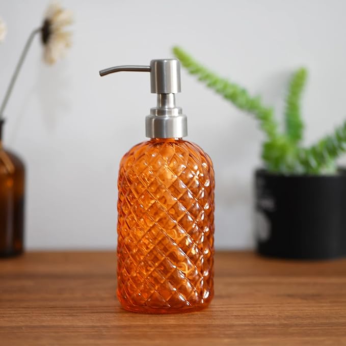 16 oz Diamond Pattern Glass Soap Dispenser, Kitchen and Bathroom Refillable Soap Dispenser with Rust Resistant Stainless Steel Pump for Hand Soap, Lotion Glass Liquid Dispenser (2pack)