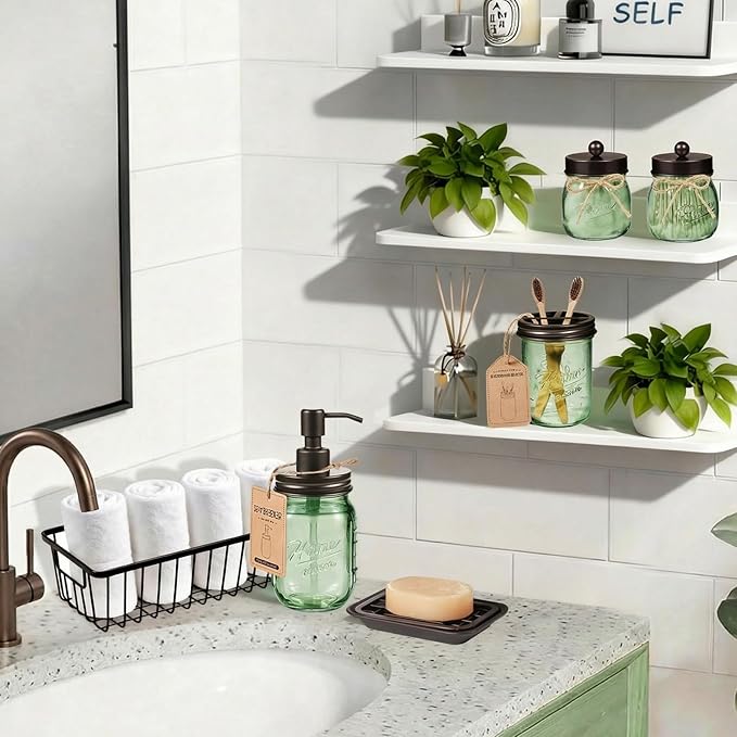 SheeChung Green Bathroom Accessories Set, 6Pcs Mason Jar Glass Bathroom Set, Lotion Soap Dispenser, Toothbrush Holder, Qtip Holder, Soap Dish, Metal Wire Basket, Rustic Farmhouse Bathroom Decor-Bronze