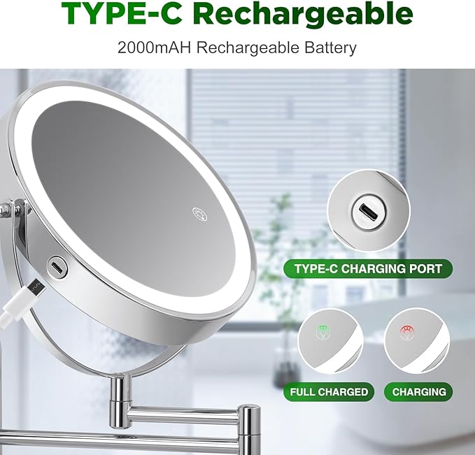 30X Wall Mounted Makeup Mirror, 3 Color Modes & Adjustable Light, Bathroom Vanity Makeup Mirror with 360 Rotation Extendable Swivel Arm,Double Side Magnifying Mirror - Chrome
