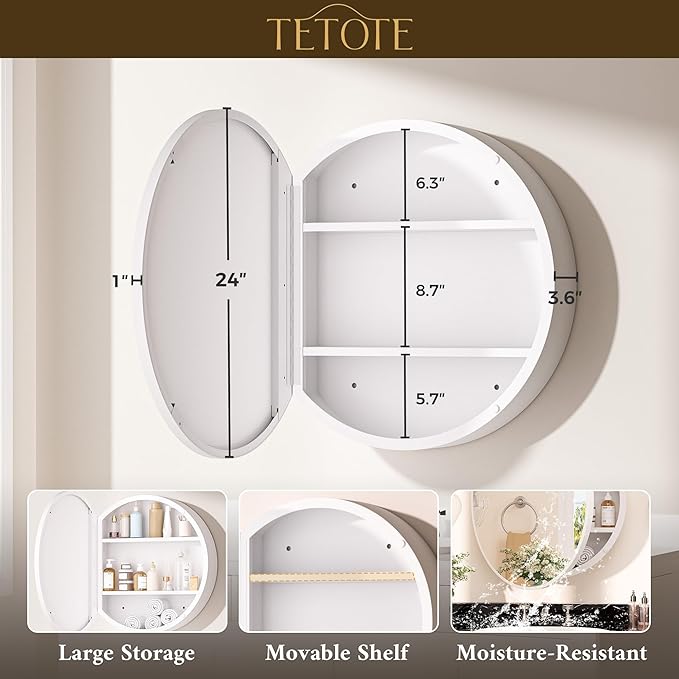 TETOTE 24 x 24 Inch Medicine Cabinet Mirror White Framed Round Mirrored Medicine Cabinets for Bathroom Adjustable Shelves Modern Bathroom Mirror with Storage Wall Mounted