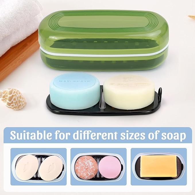 OZNER Travel Soap Case for Two Bars, Leak Proof Shampoo Bar Holder Compatible with Kitsch Bars, Soap Container with Drainage Layer for Bathroom, Camping, and Gym, Easy to Clean (Green)