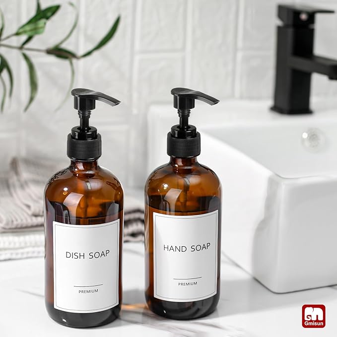 GMISUN Amber Glass Soap Dispenser, 2 Pack Bathroom Hand Soap Dispensers with Plastic Pump, 17 Fl Oz Kitchen Hand and Dish Soap Dispenser Set, Modern Vintage Liquid Brown Soap Dispensers Bottle